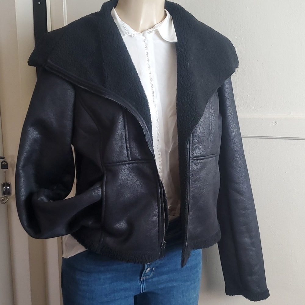 Maralyn And Me Women’s Black Faux Shearling Asymmetrical Zip Jacket, Size XL